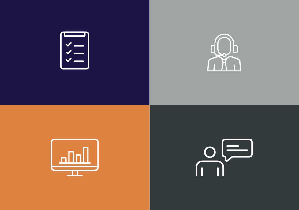 Icons of a checklist on a clipboard, a person wearing a headset, graphs on a computer monitor, and a person talking