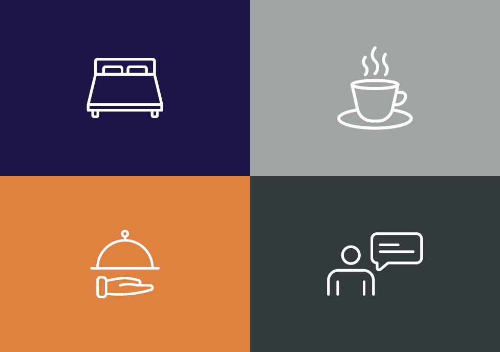 Icons of a bed, a hot cup of tea, a hand holding a dinner cloche, and a person talking