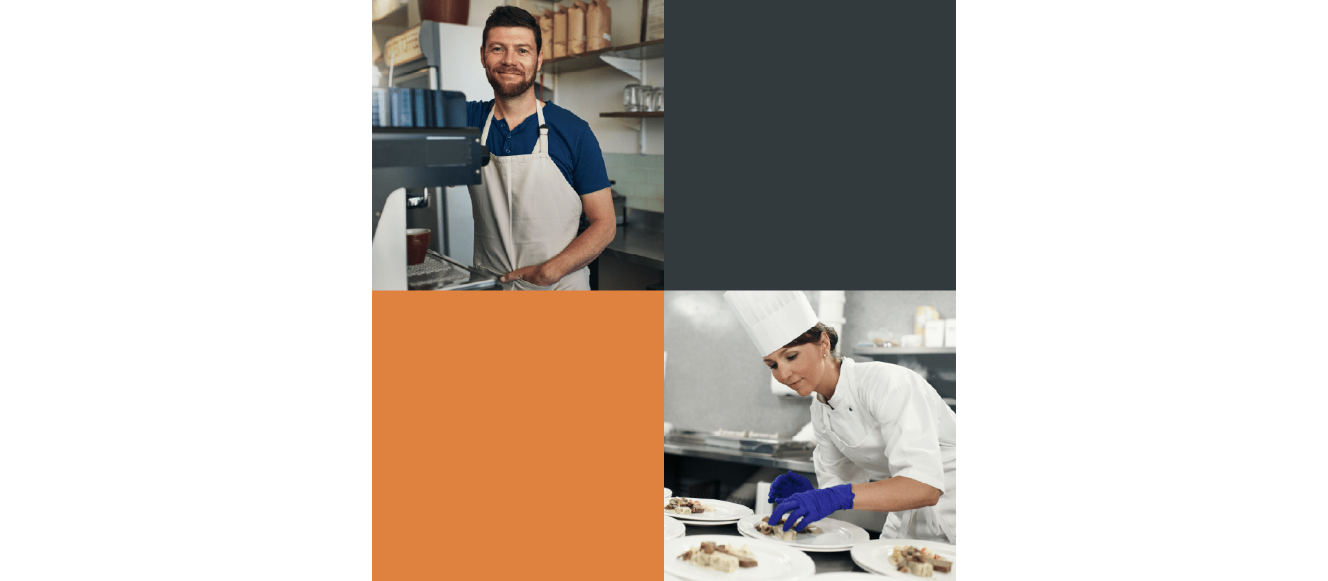 Images of a server and a chef working in a restaurant kitchen