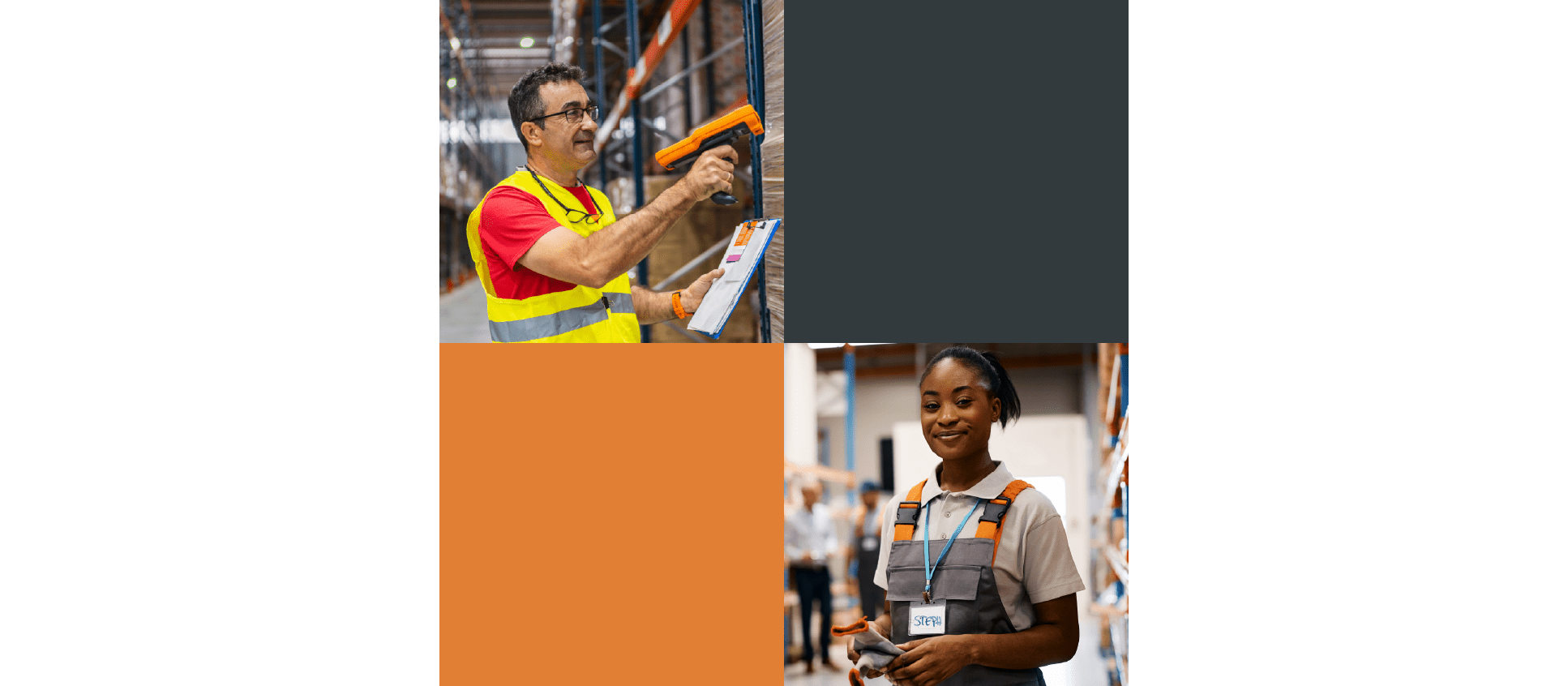 Images of people wearing safety equipment working in a warehouse