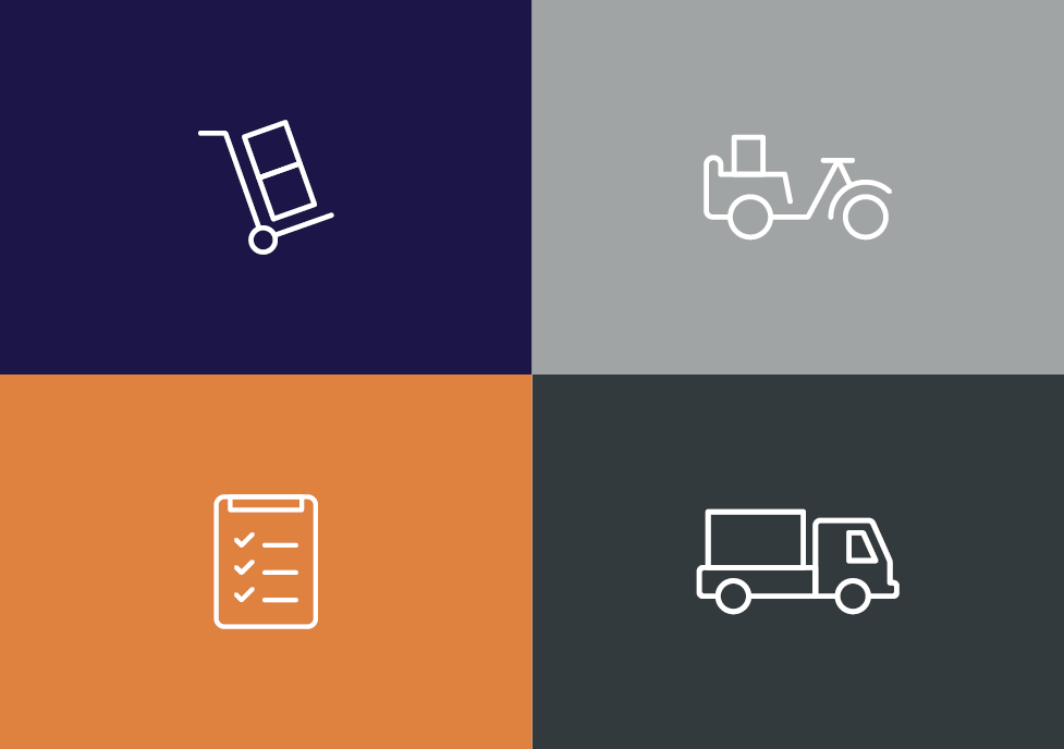 Forklift, delivery bike, checklist and lorry icons