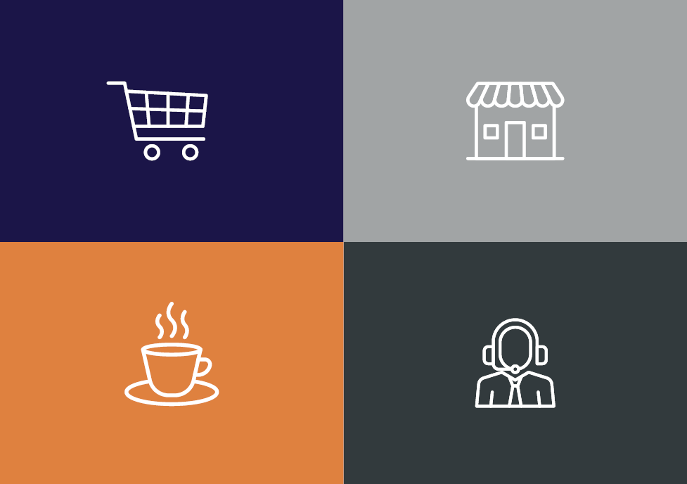 Shopping trolley, storefront, coffee cup and customer service representative icons