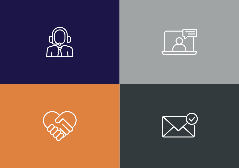 Call centre worker, laptop video call, handshake and email message icons